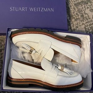 Stuart Weitzman White leather Manila Loafers.